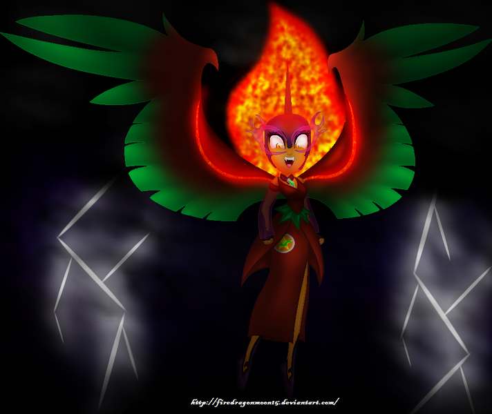 Size: 973x820 | Tagged: safe, artist:firedragonmoon15, derpibooru import, oc, oc:nightmare phoenix, alicorn, equestria girls, clothes, colored wings, dress, fangs, fire hair, green wings, helmet, horn, image, jewelry, lightning, looking at you, necklace, png, red wings, tail, two toned wings, wings