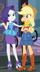 Size: 519x941 | Tagged: safe, derpibooru import, screencap, applejack, rarity, equestria girls, equestria girls series, street chic, spoiler:eqg series (season 2), bare shoulders, female, image, jpeg, rarity peplum dress, shipping fuel, sleeveless