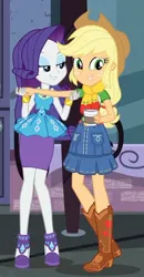 Size: 493x947 | Tagged: safe, derpibooru import, screencap, applejack, rarity, equestria girls, equestria girls series, street chic, spoiler:eqg series (season 2), bare shoulders, female, image, jpeg, rarity peplum dress, shipping fuel, sleeveless