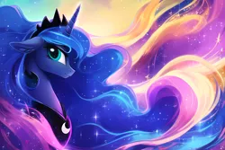 Size: 3072x2048 | Tagged: safe, derpibooru import, editor:montaraz13, machine learning generated, novelai, stable diffusion, princess luna, alicorn, pony, abstract background, beautiful, colorful, dream realm, ethereal mane, female, image, jewelry, long mane, png, regalia, smiling, solo, wallpaper