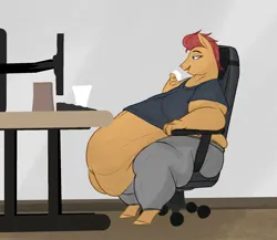 Size: 1667x1446 | Tagged: suggestive, artist:astr0zone, derpibooru import, oc, oc:astrozone, unofficial characters only, anthro, earth pony, unguligrade anthro, belly, belly button, big belly, chair, clothes, computer, earth pony oc, fat, fat fetish, fetish, huge belly, image, jpeg, lidded eyes, male, morbidly obese, obese, pants, shirt, side view, sitting, solo, solo male, t-shirt, table