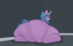 Size: 1148x726 | Tagged: suggestive, artist:astr0zone, derpibooru import, izzy moonbow, pony, unicorn, butt, cellulite, eyes closed, fat, fat fetish, female, fetish, g5, image, izzy moonblob, izzy moonbutt, jpeg, lying down, mare, obese, plot, prone, rear view, smiling, solo, solo female, the ass was fat