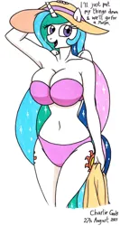 Size: 1319x2472 | Tagged: suggestive, artist:killerteddybear94, derpibooru import, princess celestia, anthro, adorasexy, bikini, breasts, busty princess celestia, clothes, cute, cutelestia, hat, image, jpeg, looking at you, open mouth, pink swimsuit, sexy, smiling, sun hat, swimsuit, talking to viewer, traditional art
