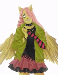 Size: 700x900 | Tagged: safe, artist:muttongarbage, derpibooru import, fluttershy, anthro, ambiguous gender, clothes, dtiys, dtiys emoflat, female, hair over one eye, human facial structure, image, jpeg, simple background, skirt, solo, uncanny valley, white background