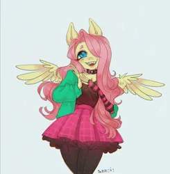 Size: 1056x1077 | Tagged: safe, artist:snn, derpibooru import, fluttershy, anthro, clothes, cute, cute little fangs, dtiys, dtiys emoflat, fangs, female, gray background, hair over one eye, image, jpeg, simple background, skirt, solo, winged anthro, wings