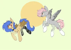Size: 2048x1448 | Tagged: safe, artist:jodis_paw, derpibooru import, oc, oc:cotton puff, oc:lunar saintly, unofficial characters only, bat pony, pegasus, pony, bat pony oc, bat wings, choker, clothes, coat markings, collar, disguise, disguised changeling, duo, ear piercing, earring, flying, image, jewelry, jpeg, pegasus oc, piercing, simple background, socks, socks (coat marking), spiked choker, spiked collar, wings