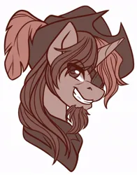 Size: 714x909 | Tagged: safe, artist:inkkeystudios, derpibooru import, oc, unofficial characters only, pony, unicorn, beard, bust, eye clipping through hair, eyepatch, facial hair, grin, hat, image, jpeg, looking at you, pirate hat, smiling, solo