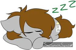Size: 1487x992 | Tagged: safe, artist:starstrucksocks, derpibooru import, oc, oc:sweet cheeks, unofficial characters only, earth pony, pony, earth pony oc, eyes closed, gray coat, image, lying down, onomatopoeia, png, signature, simple background, sleeping, sound effects, transparent background, zzz
