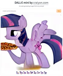 Size: 768x924 | Tagged: safe, dall·e mini, derpibooru import, machine learning generated, twilight sparkle, twilight sparkle (alicorn), alicorn, pony, female, food, hoof hold, image, pizza, png, raised hoof, solo, wat