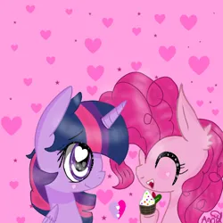 Size: 768x768 | Tagged: safe, artist:magicangelstarartist, derpibooru import, pinkie pie, twilight sparkle, alicorn, earth pony, pony, cupcake, duo, eyes closed, female, food, heart, heart eyes, image, mare, png, simple background, smiling, wingding eyes