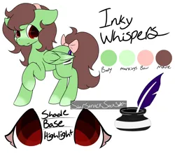 Size: 2486x2176 | Tagged: safe, artist:starstrucksocks, derpibooru import, oc, oc:inky whispers, unofficial characters only, pegasus, pony, bow, cute, eyes open, feather, female, green coat, image, inkwell, mare, pegasus oc, png, red eyes, reference sheet, simple background, text, white background, wings
