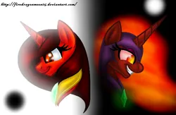Size: 676x441 | Tagged: safe, artist:firedragonmoon15, derpibooru import, oc, oc:nightmare phoenix, oc:phoenix scarletruby, alicorn, pony, brown mane, brown tail, colored wings, evil grin, grin, head only, image, jewelry, lowres, mane of fire, mint wings, necklace, opposites, png, red coat, red wings, smiling, tail, two toned wings, wings, yin-yang