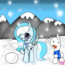 Size: 768x768 | Tagged: safe, artist:magicangelstarartist, derpibooru import, oc, unofficial characters only, pegasus, pony, female, image, mare, mountain, mountain range, multicolored hair, png, snow, snowfall, snowpony, solo