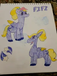 Size: 3024x4032 | Tagged: safe, artist:mintwhistle, derpibooru import, pegasus, pony, colored pencil drawing, cutie mark, derpibooru exclusive, female, fifi (g5), folded wings, g4, g5, g5 to g4, generation leap, happy, image, jpeg, looking back, mare, missing accessory, old art, open mouth, open smile, ponytail, sketchbook, smiling, solo, standing, traditional art, unshorn fetlocks, visor, wings