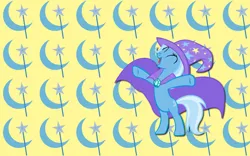 Size: 2560x1600 | Tagged: safe, artist:alicehumansacrifice0, artist:ooklah, artist:shelmo69, derpibooru import, edit, trixie, pony, unicorn, bipedal, cape, clothes, cutie mark, cutie mark background, eyes closed, female, hat, image, mare, open mouth, open smile, png, smiling, solo, spread hooves, trixie's cape, trixie's hat, wallpaper, wallpaper edit