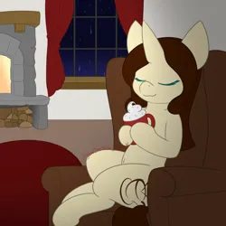 Size: 1500x1500 | Tagged: safe, artist:starstrucksocks, derpibooru import, oc, unofficial characters only, pony, unicorn, chair, curtains, eyes closed, female, fireplace, food, horn, image, mare, mug, png, rain, room, signature, solo, unicorn oc, whipped cream