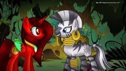 Size: 1280x720 | Tagged: safe, artist:firedragonmoon15, derpibooru import, zecora, oc, oc:phoenix scarletruby, alicorn, pony, zebra, brown mane, brown tail, colored wings, cutie mark, ear piercing, earring, image, jewelry, looking at each other, looking at someone, mint wings, necklace, piercing, png, red coat, red wings, screencap background, standing, tail, two toned wings, wings, zecora's hut