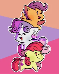 Size: 2000x2500 | Tagged: safe, artist:edgyanimator, derpibooru import, apple bloom, scootaloo, sweetie belle, earth pony, pegasus, pony, unicorn, adorabloom, apple bloom's bow, blushing, bow, cel shading, chibi, cute, cutealoo, cutie mark crusaders, cutie mark cuties, diasweetes, digital art, female, filly, firealpaca, foal, full body, hair bow, happy, horn, image, jpeg, lineart, mare, multicolored hair, multicolored mane, multicolored tail, open mouth, open smile, orange coat, purple hair, purple mane, raised hoof, red hair, red mane, shading, simple background, simple shading, small, small wings, smiling, spread wings, stack, standing, tail, trio, white coat, wings, yellow coat