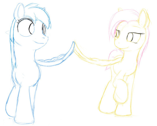 Size: 540x435 | Tagged: safe, artist:still-waters-artpony, derpibooru import, fluttershy, rainbow dash, female, flutterdash, image, jpeg, lesbian, looking at each other, looking at someone, shipping, sketch, smiling, standing, touching wings