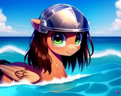 Size: 768x608 | Tagged: safe, derpibooru import, machine learning generated, purplesmart.ai, stable diffusion, oc, oc:leafhelm, pegasus, pony, helmet, image, jpeg, ocean, swimming, water