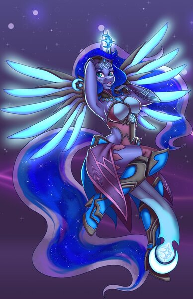 Size: 660x1020 | Tagged: safe, artist:inkkeystudios, derpibooru import, princess luna, alicorn, anthro, pony, colored, flat colors, image, jpeg, lidded eyes, looking at you, mercy, open mouth, open smile, overwatch, smiling, spread wings, wings