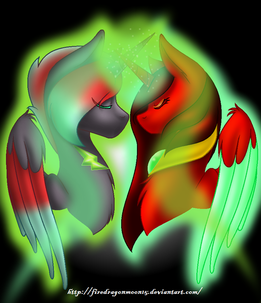 Size: 829x963 | Tagged: safe, artist:firedragonmoon15, derpibooru import, oc, oc:phoenix scarletruby, alicorn, pony, black background, brown mane, colored wings, crossed horns, eyes closed, glow, glowing horn, horn, horns are touching, image, jewelry, mint wings, multicolored wings, necklace, png, red coat, red mane, red wings, simple background, two toned mane, two toned wings, wings