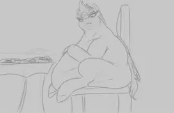 Size: 2013x1302 | Tagged: suggestive, artist:astr0zone, derpibooru import, part of a set, zipp storm, pegasus, pony, belly, big belly, chair, cinnamon bun, double chin, fat, female, food, g5, grayscale, huge belly, image, jpeg, mare, monochrome, morbidly obese, obese, part of a series, side view, sitting, sketch, solo, solo female, table, weight gain sequence, zipp slob