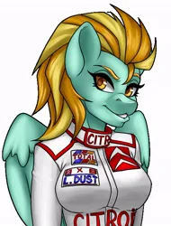 Size: 486x639 | Tagged: safe, artist:inkkeystudios, derpibooru import, lightning dust, anthro, pegasus, breasts, busty lightning dust, female, image, jpeg, looking at you, racing suit, simple background, solo, solo female, white background