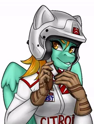Size: 486x639 | Tagged: safe, artist:inkkeystudios, derpibooru import, lightning dust, anthro, pegasus, breasts, busty lightning dust, clothes, female, gloves, helmet, image, jpeg, looking at you, racing suit, simple background, solo, solo female, white background