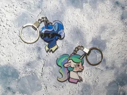 Size: 1280x960 | Tagged: safe, artist:made_by_franch, derpibooru import, princess celestia, princess luna, alicorn, craft, event, handmade, image, keychain, new lunar republic, png, present, solar empire, solo