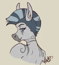 Size: 1253x1394 | Tagged: safe, artist:skuttz, derpibooru import, oc, oc:sesenyi, unofficial characters only, anthro, zebra, anthro oc, anthro zebra, bust, ears up, female, image, jpeg, looking at you, looking back, looking back at you, mohawk, rear view, solo, solo female