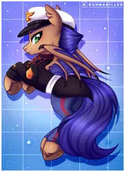 Size: 2007x2750 | Tagged: safe, artist:nekomellow, derpibooru import, oc, oc:distant echo, bat pony, pony, bat wings, blue mane, blue tail, brown coat, claws, clothes, colored background, green eyes, image, male, marines, png, ponyvania, posing for photo, solo, solo male, stallion, tail, uniform, wing claws, wings