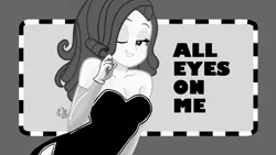 Size: 1280x720 | Tagged: safe, artist:flutteryaylove, derpibooru import, edit, edited edit, rarity, black and white, grayscale, image, monochrome, png, simple background, text