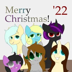 Size: 2000x2000 | Tagged: safe, artist:starstrucksocks, derpibooru import, oc, oc:card toss, oc:servus, oc:sweet cheeks, unofficial characters only, earth pony, pegasus, pony, unicorn, blue eyes, christmas, cute, earth pony oc, green eyes, group, holiday, horn, image, pegasus oc, png, red eyes, scar, unicorn oc, wings