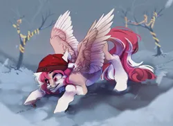 Size: 1280x930 | Tagged: safe, artist:s'kostral, derpibooru import, oc, insect, ladybug, pegasus, pony, christmas, christmas lights, face down ass up, holiday, ice, image, jpeg, pegasus oc, playful, snow, spread wings, tree, wings, winter