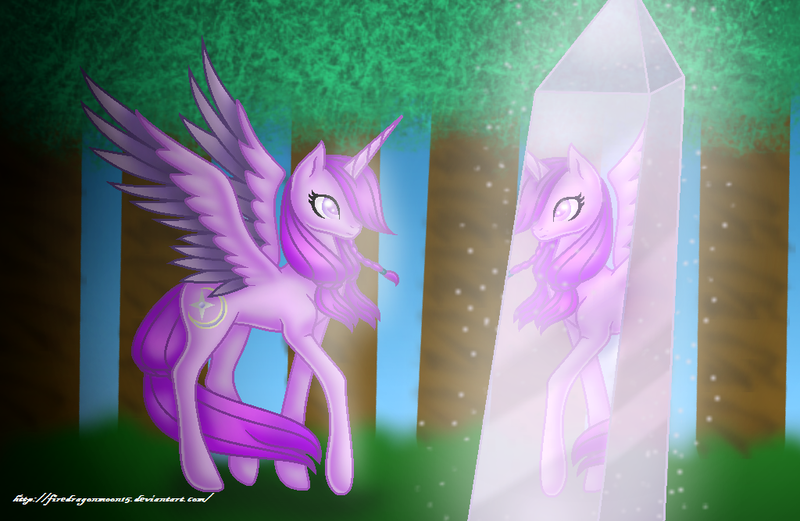 Size: 1024x667 | Tagged: safe, artist:firedragonmoon15, derpibooru import, oc, alicorn, pony, crystal, cutie mark, forest, image, looking at self, pink coat, pink eyes, pink mane, pink tail, png, raised hoof, solo, sparks, spread wings, standing, tail, tree, wings