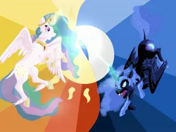 Size: 3003x2247 | Tagged: safe, artist:kokoropancake, derpibooru import, nightmare moon, princess celestia, alicorn, pony, duo, female, image, jpeg, solo