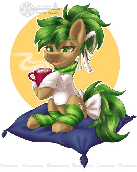 Size: 825x1035 | Tagged: safe, artist:inkkeystudios, derpibooru import, oc, unofficial characters only, earth pony, pony, bow, chocolate, clothes, eyebrows, eyebrows visible through hair, food, hair ribbon, hot chocolate, image, jpeg, leg warmers, mug, pillow, ribbon, scarf, shirt, sitting, socks, solo, steam, striped socks, tail, tail bow