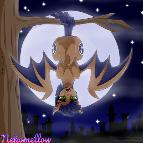 Size: 5000x5000 | Tagged: safe, artist:nekomellow, derpibooru import, oc, oc:distant echo, bat pony, pony, bat wings, blue mane, blue tail, both cutie marks, brown coat, city, cityscape, full moon, green eyes, hanging, hanging upside down, image, male, moon, night, night sky, png, sky, solo, solo male, spread wings, stallion, tail, tongue out, tree, tree branch, upside down, wings