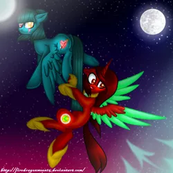Size: 600x597 | Tagged: safe, artist:firedragonmoon15, derpibooru import, oc, oc:phoenix scarletruby, alicorn, pony, brown mane, brown tail, colored wings, cutie mark, flying, full moon, holding onto someone, hoof shoes, image, jewelry, looking down, mint wings, moon, necklace, night, night sky, png, red coat, red wings, scared, sky, spear, spread wings, starry background, tail, tail pull, two toned wings, weapon, wings