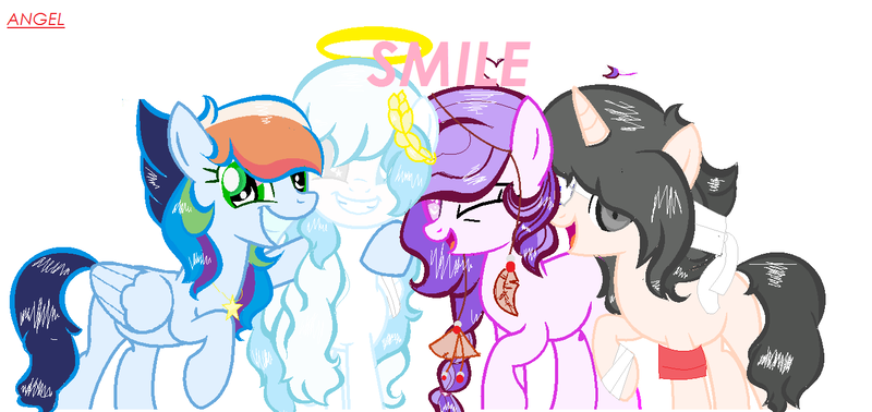 Size: 1356x640 | Tagged: safe, artist:magicangelstarartist, artist:niightlydark, derpibooru import, oc, unofficial characters only, earth pony, pegasus, unicorn, base used, halo, image, look-alike, many many pony, meme, png, smiling, text