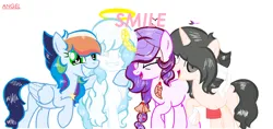 Size: 1356x640 | Tagged: safe, artist:magicangelstarartist, artist:niightlydark, derpibooru import, oc, unofficial characters only, earth pony, pegasus, unicorn, base used, halo, image, look-alike, many many pony, meme, png, smiling, text