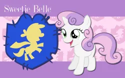 Size: 2560x1600 | Tagged: safe, artist:alicehumansacrifice0, artist:atomicgreymon, artist:ryanthebrony, derpibooru import, edit, sweetie belle, pony, unicorn, abstract background, cutie mark, cutie mark crusaders patch, female, filly, foal, image, looking up, name, open mouth, open smile, png, smiling, solo, wallpaper, wallpaper edit