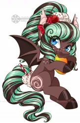 Size: 825x1275 | Tagged: safe, artist:inkkeystudios, derpibooru import, oc, unofficial characters only, bat pony, pony, bow, eye clipping through hair, food, freckles, hair bow, image, jpeg, mango, smiling, solo, spread wings, wings