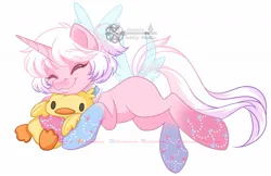 Size: 1275x825 | Tagged: safe, artist:inkkeystudios, derpibooru import, oc, unofficial characters only, bird, duck, pony, unicorn, eyebrows, eyebrows visible through hair, eyes closed, happy, image, jpeg, plushie, smiling, solo
