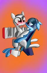 Size: 905x1394 | Tagged: safe, derpibooru import, oc, oc:blitz, unnamed oc, unofficial characters only, original species, plane pony, pony, blushing, brown eyes, confused, duo, embarrassed, fighter, floppy ears, flying, gradient background, image, jet, jet fighter, kissing, mig-29, mig-29 fulcrum, mikoyan-gurevich mig-29, nose kiss, plane, png, purple eyes, simple background, wavy mouth