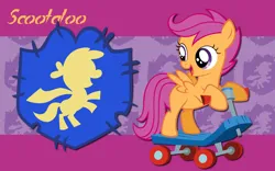 Size: 2560x1600 | Tagged: safe, artist:alicehumansacrifice0, artist:atomicgreymon, artist:moongazeponies, derpibooru import, edit, scootaloo, pegasus, pony, abstract background, cutie mark, cutie mark crusaders patch, female, filly, foal, image, looking sideways, name, open mouth, open smile, png, riding, scooter, smiling, solo, spread wings, wallpaper, wallpaper edit, wings