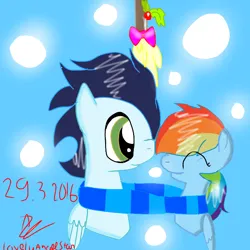 Size: 768x768 | Tagged: safe, artist:magicangelstarartist, derpibooru import, rainbow dash, soarin', clothes, duo, facing each other, female, holly, holly mistaken for mistletoe, image, male, png, scarf, shipping, simple background, soarindash, straight