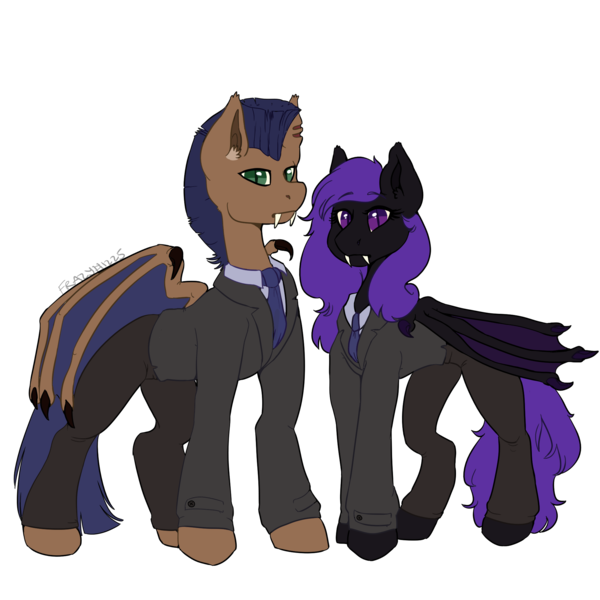 Size: 2000x2000 | Tagged: safe, artist:frazy, derpibooru import, oc, oc:distant echo, oc:night shimmer, bat pony, pony, bat wings, black coat, blue mane, blue tail, brown coat, claws, clothes, ear fluff, fangs, female, folded wings, green eyes, image, looking at you, male, mare, necktie, png, purple eyes, purple mane, purple tail, stallion, suit, tail, wing claws, wings