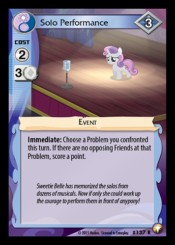 Size: 344x480 | Tagged: safe, derpibooru import, sweetie belle, bloom and gloom, ccg, enterplay, equestrian odysseys, image, jpeg, merchandise, microphone, solo, spotlight, stage